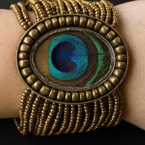 Bohemian Gold Beaded Statement Bracelet with Peacock-Style Centerpiece Stretch